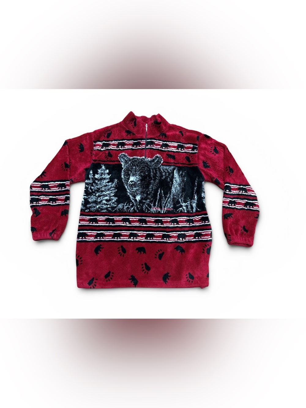 Vintage 90s Art Unlimited Bear Print Fleece Quarter Zip Sweatshirt Red Black AOP